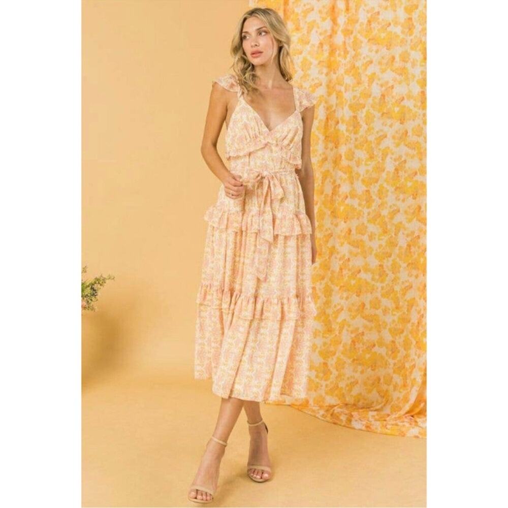 Love Colette Floral Sleeveless Boho Tiered Ruffle Midi Dress Size Large